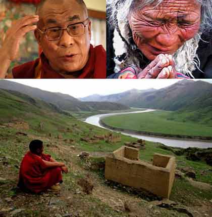 
Dalai Lama giving message to Tibetans, Old Tibetan Woman crying at sight of Dalai Lama on DVD player, Tibetan valley - What Remains Of Us DVD

